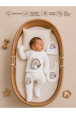 Pia Baby Kişiye Özel Kız Bebek Zıbın Seti 5'li %100 Pamuk İsimli Organik Baskılı 1088zyx Krem