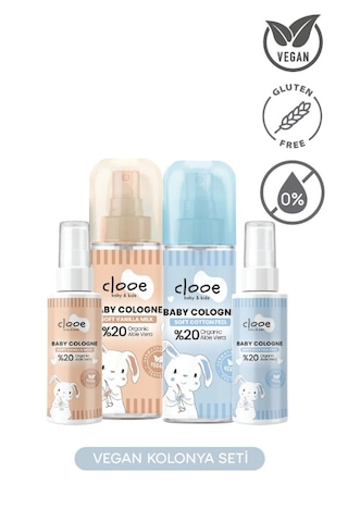 Hassas Ciltlere Özel Organik Aloe Vera Özlü Pamuk ve Vanilya Kokulu Bebek Kolonyası 4'lü Set 150 Ml + 40 Ml x 2