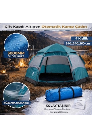 4 Kişilik Otomatik Kamp Çadırı Altıgen Tasarım, Çift Kapılı, Suya Dayanıklı, Hızlı Kurulumlu Geniş Çok Renkli