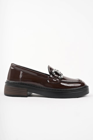 Muggo Carmenta Kadın Loafer Kalın Taban Tokalı Günlük Casual Makosen Ayakkabı Bordo Rugan