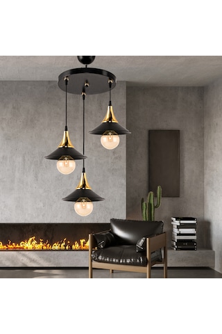 Dd Üçlü Embudo Tepsili Avize Gold Huni Japon Şapkalı Siyah3