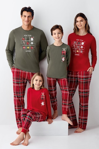 Arnetta Garson Kız Çocuk Aile %100 Pamuklu 4 Mesim New Year Uzun Kollu Pijama Takım Kırmızı