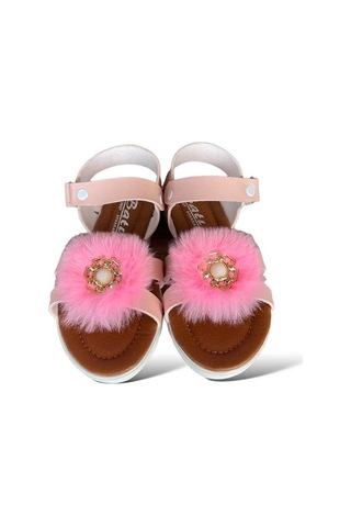 Cırtlı Peluş Fiyonklu Kız Çocuk Sandalet Pudra-pudra Pudra