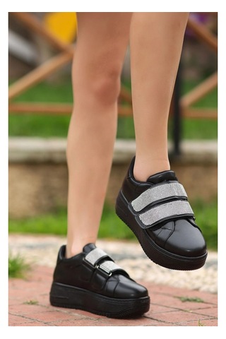 Siyah Renk Cilt Deri Cırtlı Detaylı Kadın Günlük Ayakkabı Tarzjxr Siyah