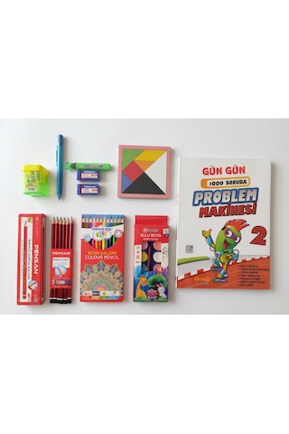 İlkokul 2. Sınıf Matematik Problem Çözme Kitabı Ve Pensan 12 Renk Boya & Kırtasiye Seti + Tangram