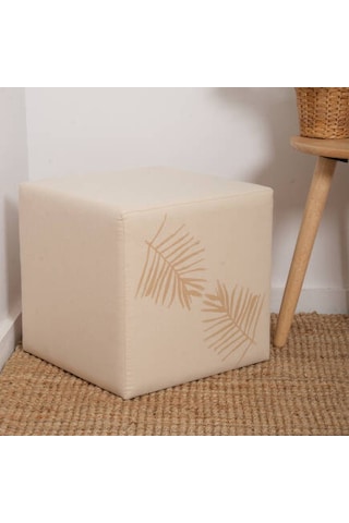 Palm Puf-bej/yaprak Baskılı 40x40x40 Cm