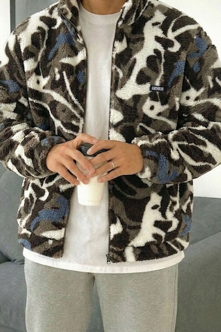 Genius Store Oversize Peluş Tam Fermuarlı Sweatshirt Peluş İçi Polarlı Sherpa Kumaş Sweatshirt Taş