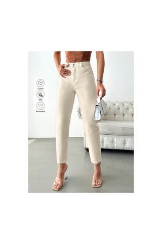 Kene Jeans Yüksek Bel Taş Keten Mom Pantolon Taş