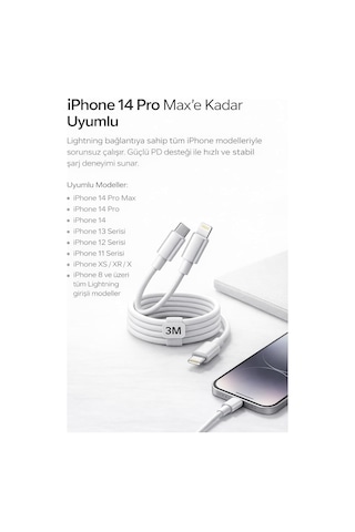 İphone Uyumlu Usb-c To Lightning Şarj Ve Data Kablosu, Beyaz 3m Diğer