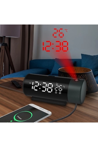 Hymark Projeksiyonlu Silindir Usb Güç Led Ekran Çalar Saat Sıcaklık Çift Alarm Siyah