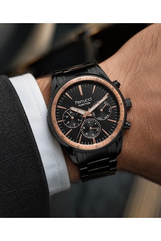 Ferrucci Fc36138 Delüx Serisi Çelik Kordon Ve Kasa Fonksiyonlu Erkek Kol Saati+%100 Deri&hematit Bileklik Rose Gold