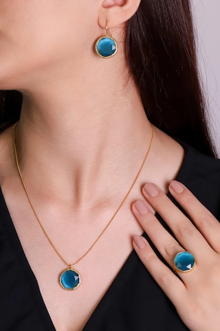 Beyisa Güneş Taşı Serisi Yuvarlak Mavi Renkli Kadın Otantik Gümüş Üçlü Takı Seti