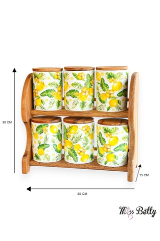 Citrus Ahşap Standlı 6'lı Porselen Baharatlık Sarı