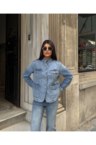 Out Of Standart Kadın Regular Fit Düğme Detaylı Denim Ceket İce Blue