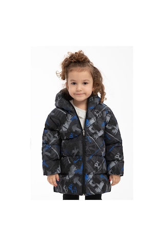 Kız Çocuk Saks Antrasit Dijital Desen İçi Polar Su Ve Rüzgar Geçirmez Kapüşonlu Şişme Kışlık Mont Antrasit - Saks Mavi