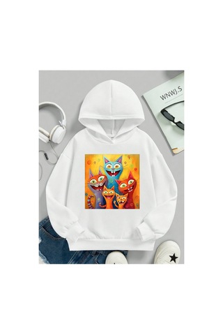 Stil X Sevimli Kediler Baskılı Kapüşonlu Çocuk Sweatshırt Beyaz