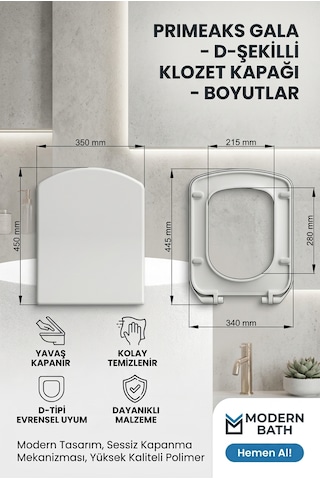 Gala D-şekilli Klozet Kapağı - Yavaş Kapanan Soft Close , Amortisörlü, Kolay Temizlenen Lüks Klozet Kapağı Beyaz