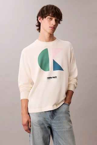 Calvin Klein Jeans Uzun Kollu Renk Bloklu Grafik Pamuklu Beyaz Erkek Kazak Lv04rc303g-yas Beyaz
