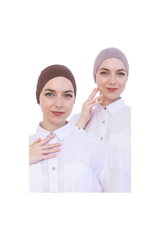 Kadın Tesettür Bone Bağcıklı Dikişsiz Penye 4 Parça Set Bordo, Kahverengi, Koyu Vizon, Açık Vizon