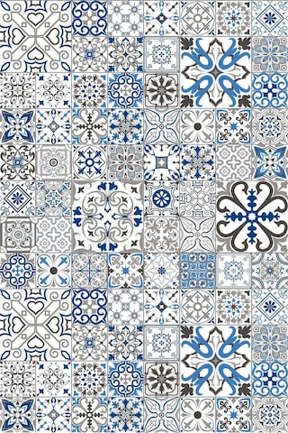 Frenda Home Çini Desenli Pamuk Taban Yıkanabilir Baskılı Halı Mavi