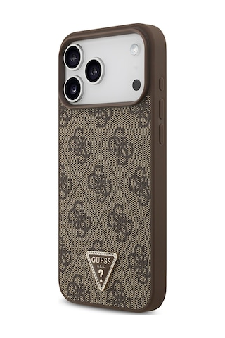 Apple iPhone Uyumlu 18 Pro Max Kılıf Guess Lisanslı M-safeli Taşlı Üçgen Logo 4g Desenli Strass Kapak Kahverengi