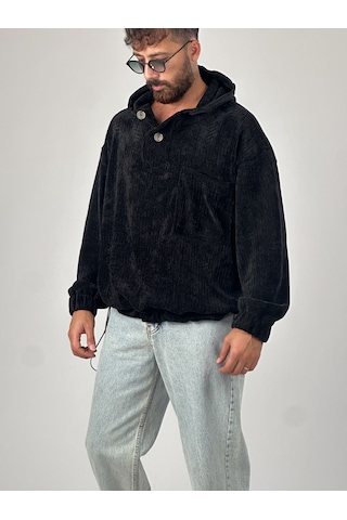 Kadife Dokulu Siyah Oversize Kapüşonlu Erkek Sweatshirt Coc1038 Siyah