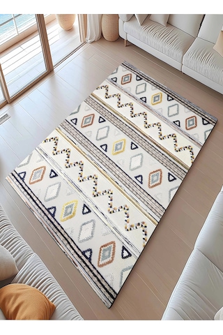 İskandinav Motifli Renkli Baklava Desen Tasarım Modern Halı Dekoratif Kilim Krem