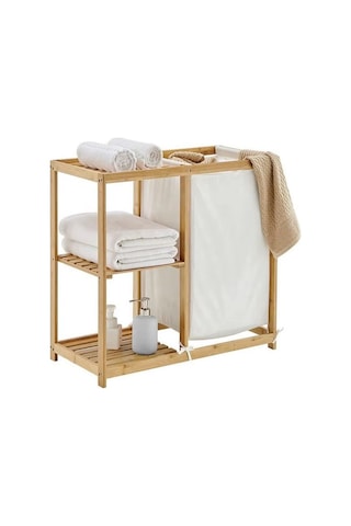 Bambu Kirli Çamaşır Sepeti Banyo Düzenleme Dolabı Raflı Banyo Organizeri Bambu