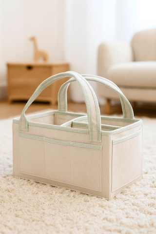 Anne Bebek Kalın Keçe Bakım Çantası Yenidoğan Için Organizer Düzenleyici Çok Amaçlı Krem Yeşil Overlok Detay