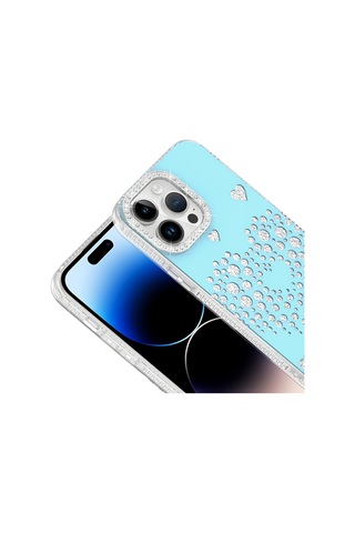 Maks Technology Apple iPhone Uyumlu 14 Pro Max Kılıf Damla Taşlı Mkst Rivas Sert Pc Kapak - Mavi