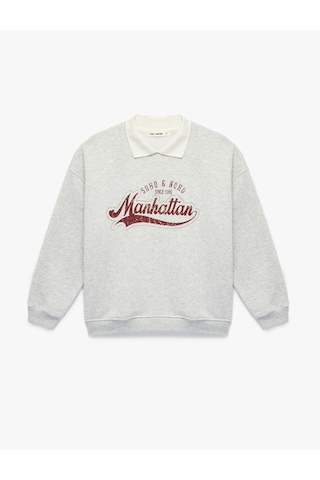 Koton Uzun Kollu Baskılı Oversize Polo Yaka Sweatshirt Kar Melanj 6sal10429ık Gri Melanj