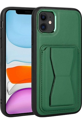 Apple Uyumlu iPhone 11 Kılıf Kartlıklı Standlı Pu Deri Zore Memo Kapak Koyu Yeşil