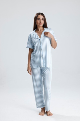 Kompedan Kadın Çizgili Önden Düğmeli Pijama Takım Mavi Çzg Mavi