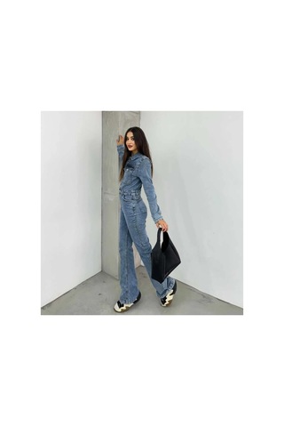 Kene Jeans Uzun Ceketli Taş Yıkama İspanyol Paça/flare Esnek Denim Tulum Taş