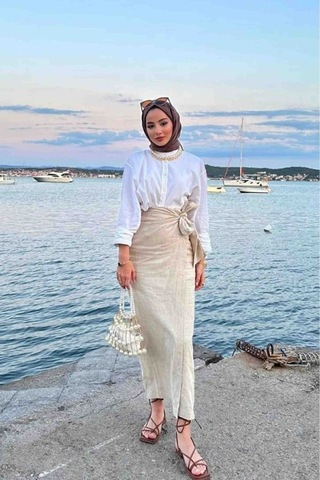 Unika Boutique Fiyonk Bağlamalı İçi Astarlı Keten Etek - Taş Rengi Bos
