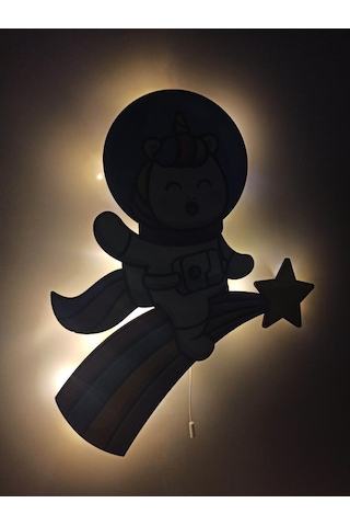 CajuArt Unicorn Astronot Ahşap Işıklı Çocuk Odası Duvar Tablosu