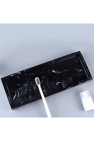 Mufunye Siyah Reçine Dekoratif Tabak - Banyo Dolabı, Makyaj Masası, Masaüstü Organizer - Parfüm, Anahtar, Bitki Tutucu - Ev Dekoru Gereci Siyah