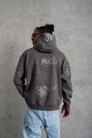 Veraura Lifestyle Erkek Baskılı Kapüşonlu Ribanalı Sweat - Gri