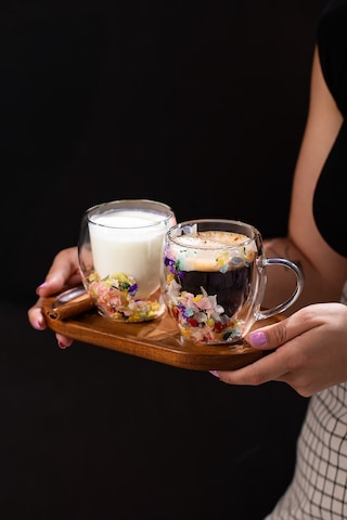 Porsima 2090 Leafy Çift Cidarlı Cam Çay Kahve Kupası Isı Yalıtımlı Kulplu Cam Bardak 2 Adet 250ml Şeffaf