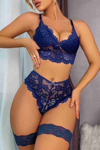 Merry See Bacak Aksesuarlı Sütyen Külot Takım Lacivert 001