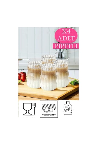 4lü Pipetli Kleemeiero Sunum Bardağı Meşrubat Kahve Soğuk İçecek Hediyelik Bardak 500ml