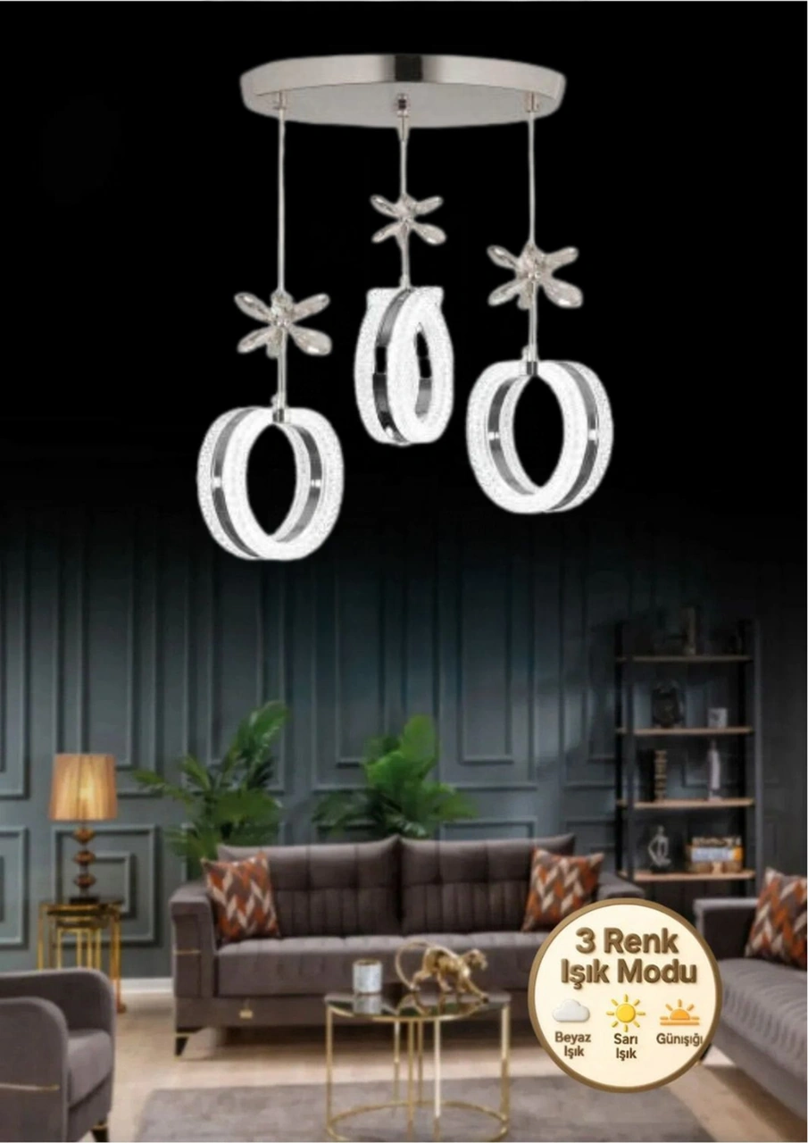 Aurea Model 3 Lü Kristal Taşlı Gümüş 3 Renk Modu Ledli Salon Mutfak Oturma Odası Sarkıt Led Avize Metalik