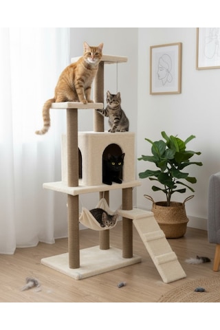 Reyo Pet B-07 Hamaklı Yuvalı Lüx Kedi Tırmalama Oyun Evi Beyaz