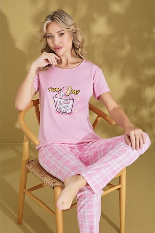 Çağrı Kadın Desenli Bisiklet Yaka Düğmesiz Pamuklu Yazlık Kısa Kol Pijama Takımı Pembe