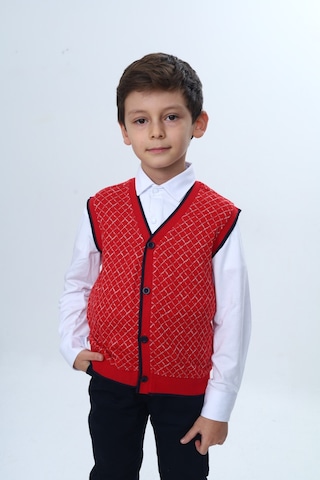 Toontoy Kids Toontoy Erkek Çocuk V Yaka Düğmeli Triko Yelek - Diagonal Desenli Kırmızı