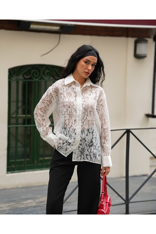 Kadın Transparan Çiçek Desenli Uzun Kollu Gömlek Beyaz