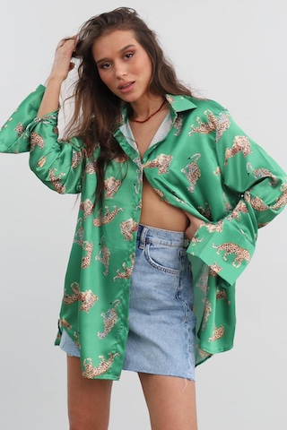 Madmext Mad Girls Leoparlı Yeşil Saten Gömlek Mg187-yeşil Yeşil