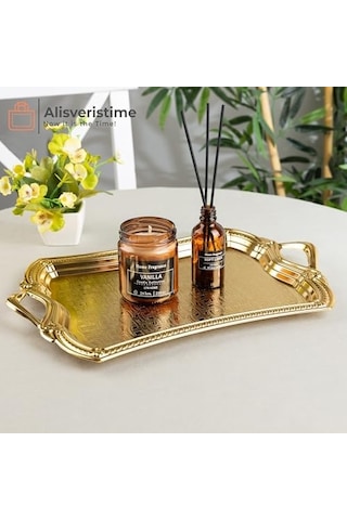 Osmanlı Motifli Dikdörtgen Metal Servis Tepsisi Kulplu 2 Kişilik Sunum Tepsisi, 37 X 23 Cm, 373 G, Gold Ve Gümüş Renk Seçeneği Altın Sarısı 15cm