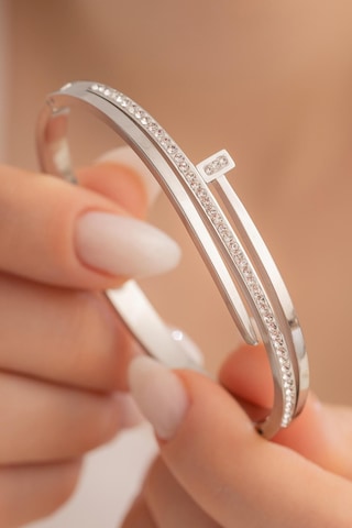 Kadın Çelik Bileklik - Taşlı Çivi Model 3 Sıra Kadın Kelepçe Gümüş