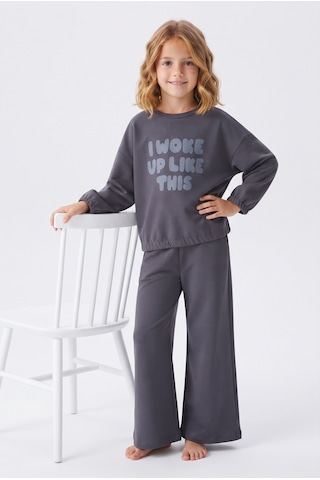 Alkın Kids 3-8 Yaş Kız Çocuk %100 Pamuk Süprem Penye Kumaş Baskılı Sweatın Eteği Lastiikli Uzun Kolu Bol Paçalı Pijama Takımı Gri